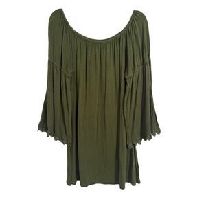 Heart Soul Women's XL Fairy Boho Olive Green Crochet Lace Trim Bell Sleeve Tunic
